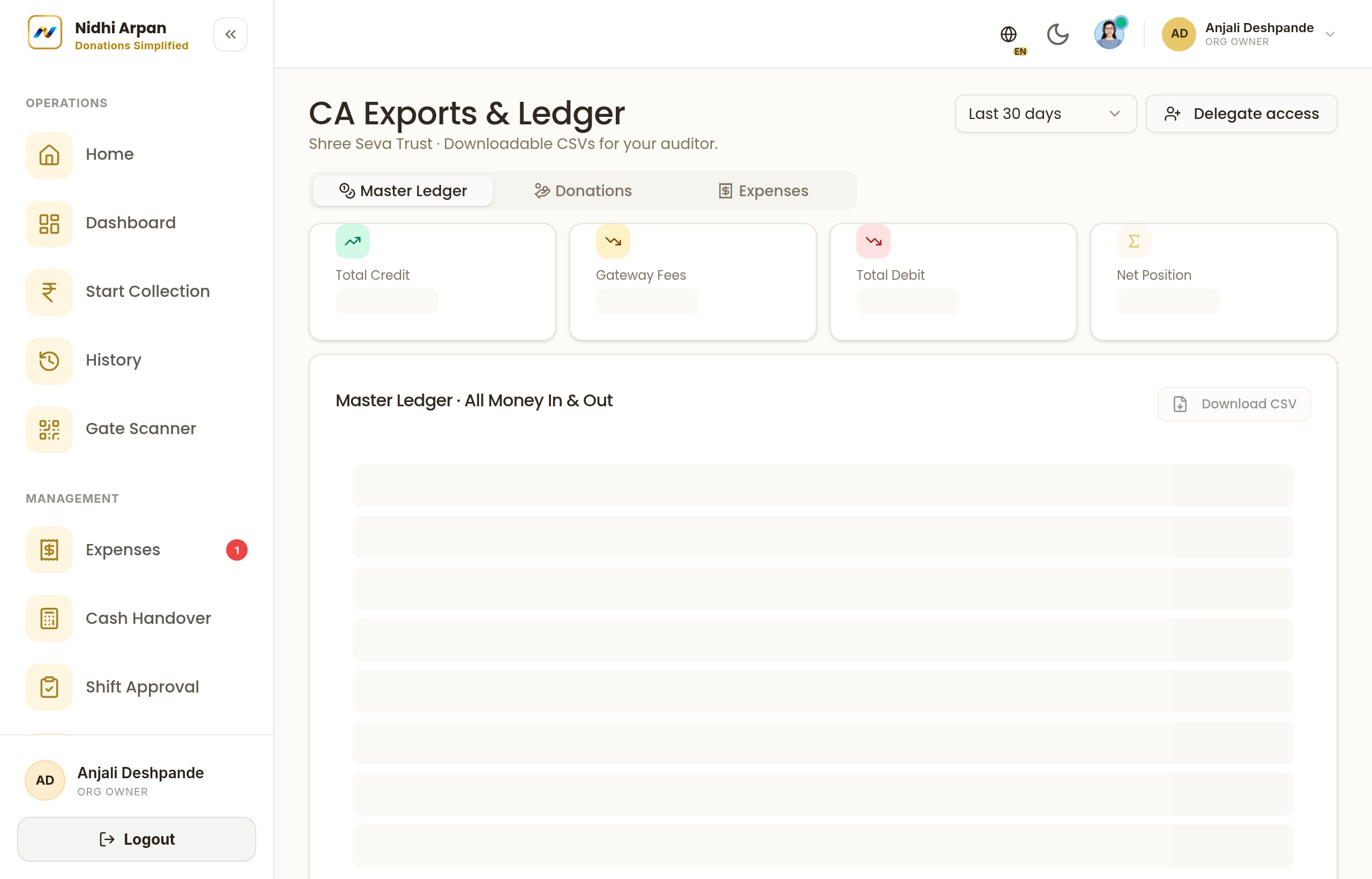 Compliance Export screen