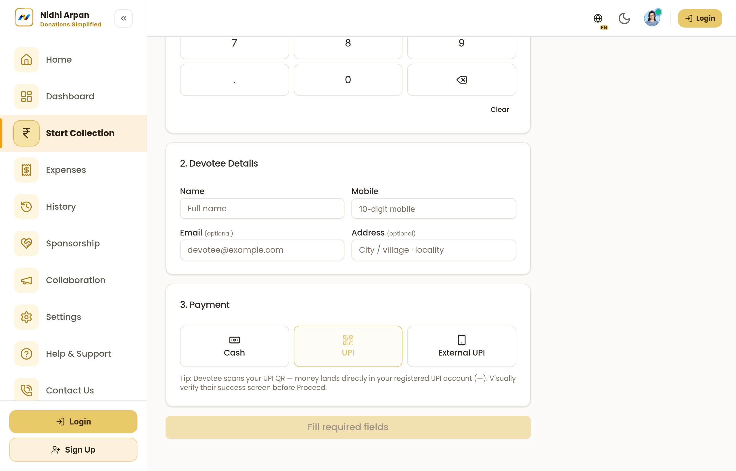 Select from the available payment modes